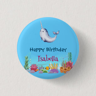 Badge Rond 2,50 Cm Cute Narwhal Fish Unicorn Baleine mer Anniversaire