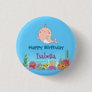 Badge Rond 2,50 Cm Cute Narwhal Fish Unicorn Baleine mer Anniversaire