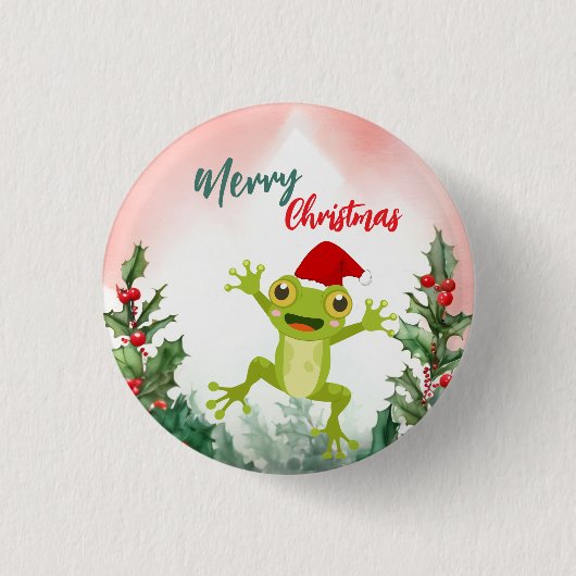 Badge Rond 2,50 Cm Cute Rouge Joyeux grenouille de Noël Père Noël fêt (Devant)