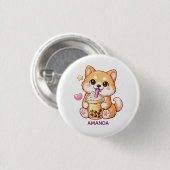 Badge Rond 2,50 Cm  Cute Shiba Inu Dog Drinking Bubble Tea Add Name (Devant & derrière)