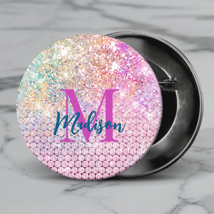 Badge Rond 2,50 Cm cute unicorn pink faux glitter rhinestone monogram