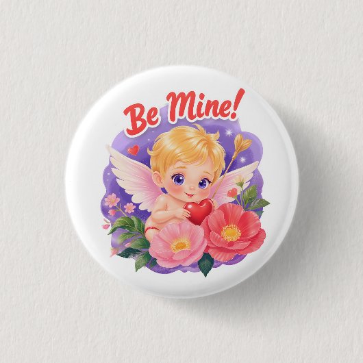 Badge Rond 2,50 Cm Cute Valentine's Day Cupid with "Be Mine" (Devant)