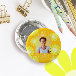 Badge Rond 2,50 Cm Daisy Best Teacher Photo Jaune Orange