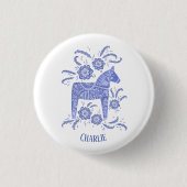 Badge Rond 2,50 Cm Dala Horse Blue Swedish Folk Art Custom Name (Devant)