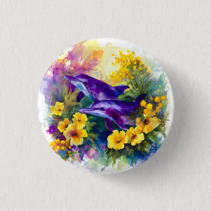 Badge Rond 2,50 Cm Dauphins Océan Aquarelle Fleurs Tropicales