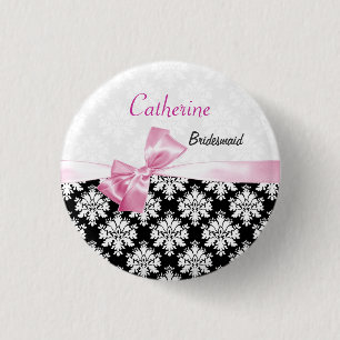 Badge Rond 2,50 Cm Demoiselle d'honneur blanche de damassé et rose