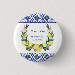Badge Rond 2,50 Cm Demoiselle d'honneur Carreaux Italiens Bleus Citro