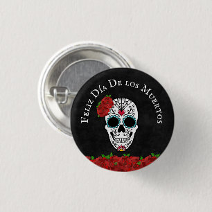 Badge Rond 2,50 Cm Dia De Los Muertos Rouge Turquoise Crâne à sucre