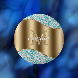 Badge Rond 2,50 Cm Diamants de Glam sur Turquoise, Monogramme Or, Nom