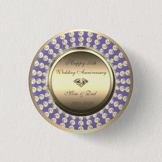 Badge Rond 2,50 Cm Diamants d'or Violet 50e anniversaire Mariage (Devant)