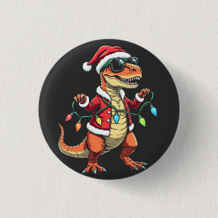 Badge Rond 2,50 Cm Dinosaure enveloppé de lumières de Noël Santa Hat