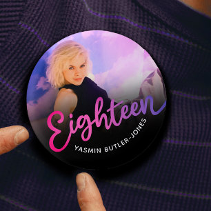 Badge Rond 2,50 Cm Dix-huit 18e anniversaire photo violet rose noir