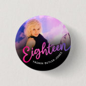 Badge Rond 2,50 Cm Dix-huit 18e anniversaire photo violet rose noir (Devant)
