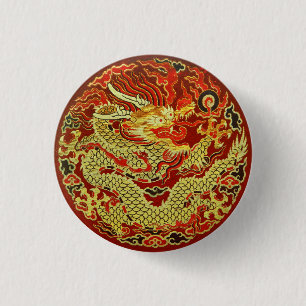 Badge Rond 2,50 Cm Dragon asiatique d'or brodé sur rouge foncé