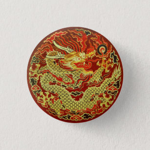 Badge Rond 2,50 Cm Dragon asiatique doré brodé sur rouge foncé