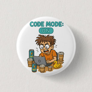 Badge Rond 2,50 Cm Drôle Cartoon du programmeur avec "Mode Code : ON"