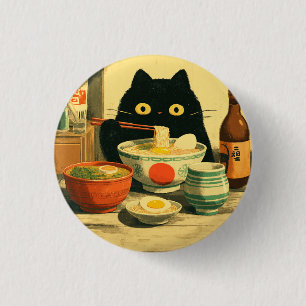 Badge Rond 2,50 Cm Drôle chat noir manger Ramen Vintage japonais