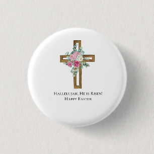 Badge Rond 2,50 Cm Easter Religious He is Risen Wood Cross Floral  