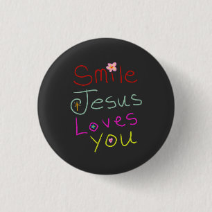 Badge Rond 2,50 Cm Écriture colorée « Souriez, Jésus vous aime »