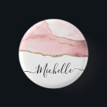 Badge Rond 2,50 Cm écriture stylisée or et blush agate personnalisée<br><div class="desc">design personnalisé de lettrage sur une aquarelle en marbre doré et gris roux. Le texte du monogramme peut être personnalisé.</div>