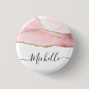 Badge Rond 2,50 Cm écriture stylisée or et blush agate personnalisée