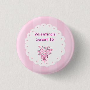 Badge Rond 2,50 Cm Élégant Bouquet Floral de Quinceañera   Rose & Bla