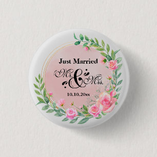 Badge Rond 2,50 Cm Élégant M. et Mme Fleurs Roses Rouges Mariage