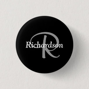 Badge Rond 2,50 Cm Élégant Monogramme Noir Blanc et Gris Argent