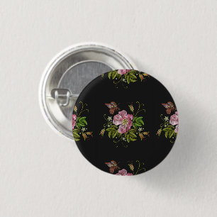 Badge Rond 2,50 Cm Élégant Motif floral broderie Arrière - plan noir