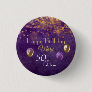 Badge Rond 2,50 Cm Elégant Purple Gold 50 Fabuleux Joyeux Anniversair