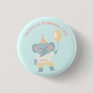 Badge Rond 2,50 Cm Eléphant avec un casquette et une fête d'anniversa