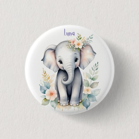 Badge Rond 2,50 Cm Eléphant bébé en floraison (Devant)