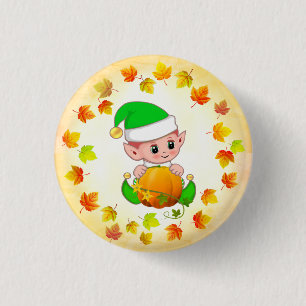 Badge Rond 2,50 Cm Elfe mignonne avec Citrouille et feuilles d'automn