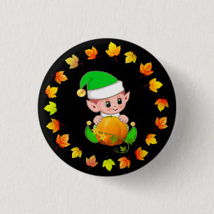 Badge Rond 2,50 Cm Elfe mignonne avec Citrouille et Feuilles d'automn
