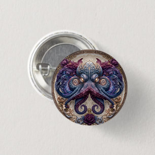 Badge Rond 2,50 Cm Emblème de pieuvre Steampunk avec roses violettes