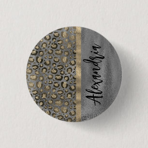Badge Rond 2,50 Cm Empreinte de léopard Glittery sur Glossy Grey