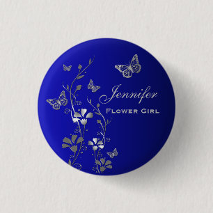 Badge Rond 2,50 Cm Épingle papillon floral bleu et argent pour jeune