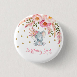 Badge Rond 2,50 Cm Ęr cadeau d'anniversaire d'éléphant floral rose