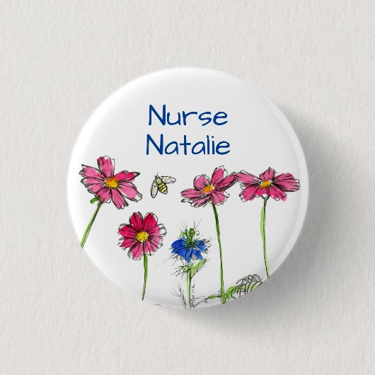 Badge Rond 2,50 Cm Étiquette de nom d'infirmière avec fleurs de cosmo (Devant)
