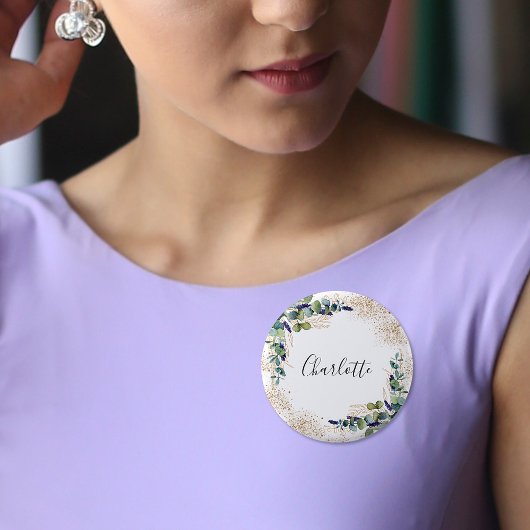 Badge Rond 2,50 Cm Eucalyptus greenery glitter name tag