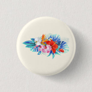 Badge Rond 2,50 Cm Exotic Tropical Flowers - Pink & Aquamarines