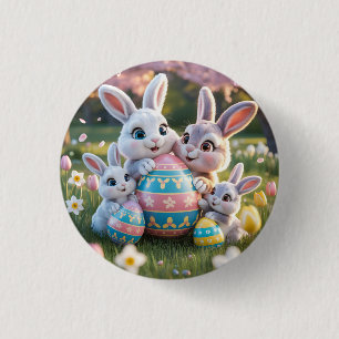 Badge Rond 2,50 Cm Famille de lapins 3D joyeuse avec un œuf de Pâques