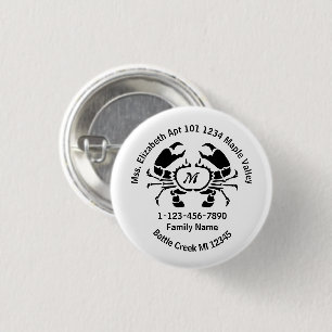 Badge Rond 2,50 Cm Famille Monogramme de crabe perdu Adresse personne