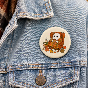 Badge Rond 2,50 Cm Fantôme Cozy dans Fauteuil Épinglette Café Autom