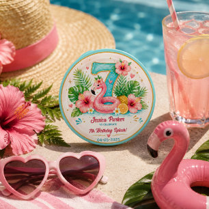 Badge Rond 2,50 Cm Fête d'anniversaire 7 ans Tropical Flamingo Pool P