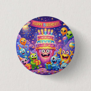 Badge Rond 2,50 Cm Fête d'anniversaire de monstre spatial coloré avec