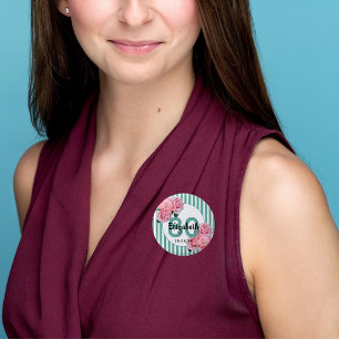Badge Rond 2,50 Cm Fête du 80e anniversaire fleurs roses rayures turq