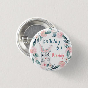 Badge Rond 2,50 Cm Fille anniversaire florale lapin aquarelle, tout â