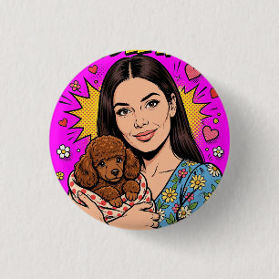Badge Rond 2,50 Cm Fille au jouet caniche rouge