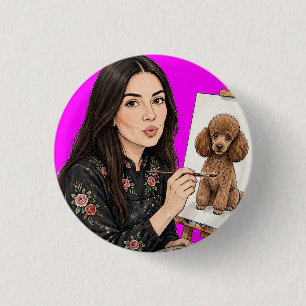 Badge Rond 2,50 Cm Fille avec jouet caniche rouge